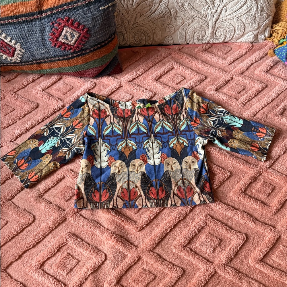 FARM Rio Owl Print 3/4 Sleeve Top Folk Art Statement Print Brazil Size G